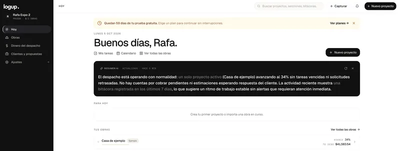 La pantalla Hoy de LogUp: el resumen del despacho con IA y tus obras
