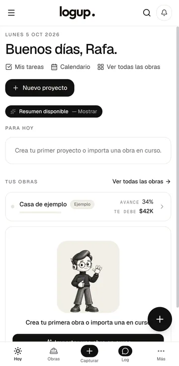 LogUp en el celular: la pantalla Hoy con tus obras y el botón Capturar
